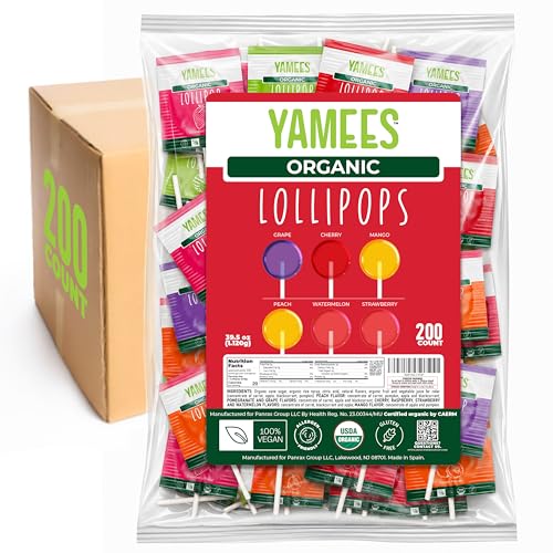 YAMEES Organic Lollipops 200 Count Bulk Candy Mix, Individually Wrapped Assorted Fruit Suckers for Parties, Classroom Rewards, Events & Candy Bowls