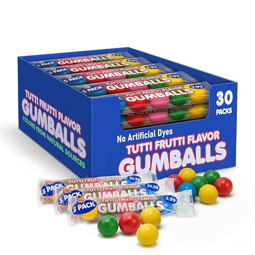 Lalees Bulk Gumballs - No Artificial Dyes - Pack of 30 Tubes - Rainbow Gum Balls Tubes - Tutti Frutti Flavored - Bulk Chewing Candy for Sporting Events, Stocking Stuffers