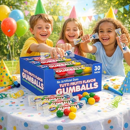 Lalees Bulk Gumballs - No Artificial Dyes - Pack of 30 Tubes - Rainbow Gum Balls Tubes - Tutti Frutti Flavored - Bulk Chewing Candy for Sporting Events, Stocking Stuffers