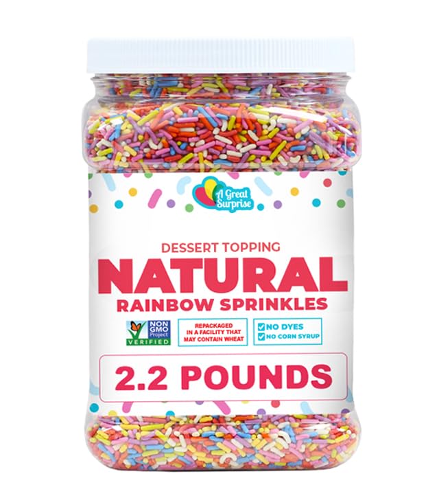 A Great Surprise Dye-Free Rainbow Sprinkles  2.2 LB - Natural Vegan Baking Toppings with No Artificial Dyes or Flavors  Non-GMO Jimmies for Cookies, Cakes, Ice Cream & Cupcakes