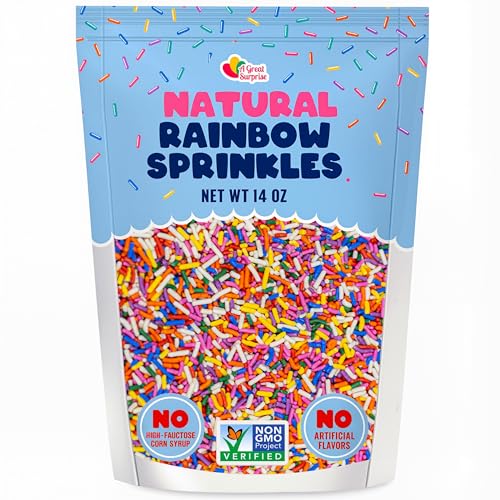 Bulk A Great Surprise Dye Free Rainbow Sprinkles - 14 Ounces - Naturally Colored Rainbow Jimmies - Vegan, Non-GMO Dessert Toppings for Ice Cream, Cookies, Cupcakes, Cake Decorating