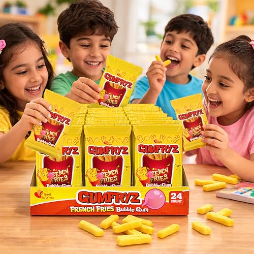 French Fries Bubble Gum  24 Count Bulk Pack  Novelty Fry-Shaped Bubble Gum Bags  No Artificial Dyes  Fun Food Theme Party Candy