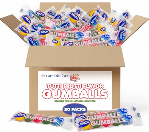 Lalees Bulk Gumballs - Pack of 30 Tubes - Rainbow Gum Balls Tubes - Tutti Frutti Flavored - Naturally Flavored - No Artificial Dyes - Bulk Chewing Candy for Sporting Events, Stocking Stuffers