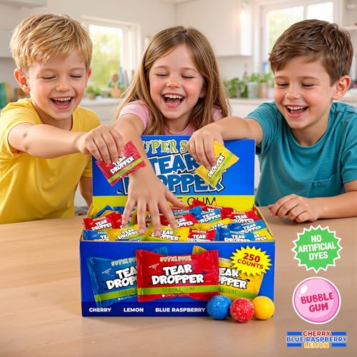 Tear Droppers Sour Gumballs  250 Count - No Artificial Dyes - Individually Wrapped  Cherry, Lemon & Blue Raspberry  Bulk Sour Candies