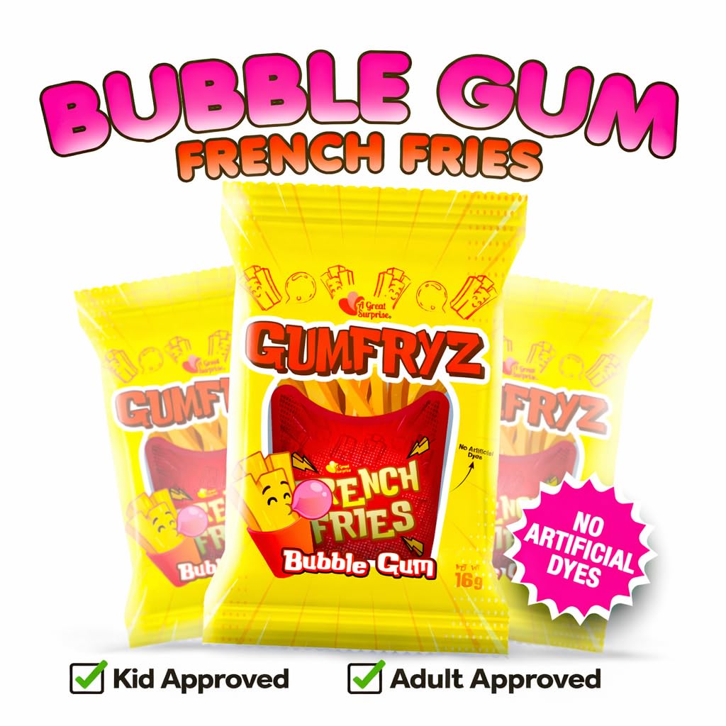 French Fries Bubble Gum  24 Count Bulk Pack  Novelty Fry-Shaped Bubble Gum Bags  No Artificial Dyes  Fun Food Theme Party Candy