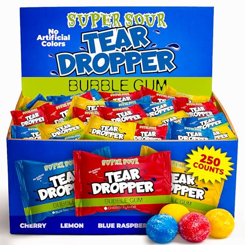 Tear Droppers Sour Gumballs  250 Count - No Artificial Dyes - Individually Wrapped  Cherry, Lemon & Blue Raspberry  Bulk Sour Candies