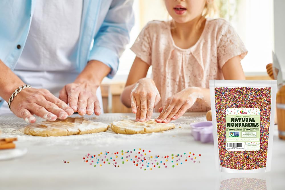 Nonpareil Sprinkles 100% DYE FREE - 1 Pound - All Natural Rainbow Nonpareils - Dyless, Vegan Ice Cream Toppings - Healthy Nonpareils for Cake Pops, Cookies, Cupcakes, Cake Decorating