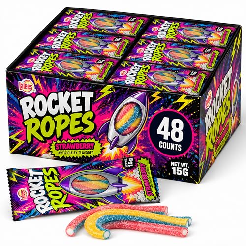 Rocket Ropes Rainbow Candy Filled Licorice, Individually Wrapped, 15g Each, 48 Count, for Pinatas, Giveaways, Themed Parties