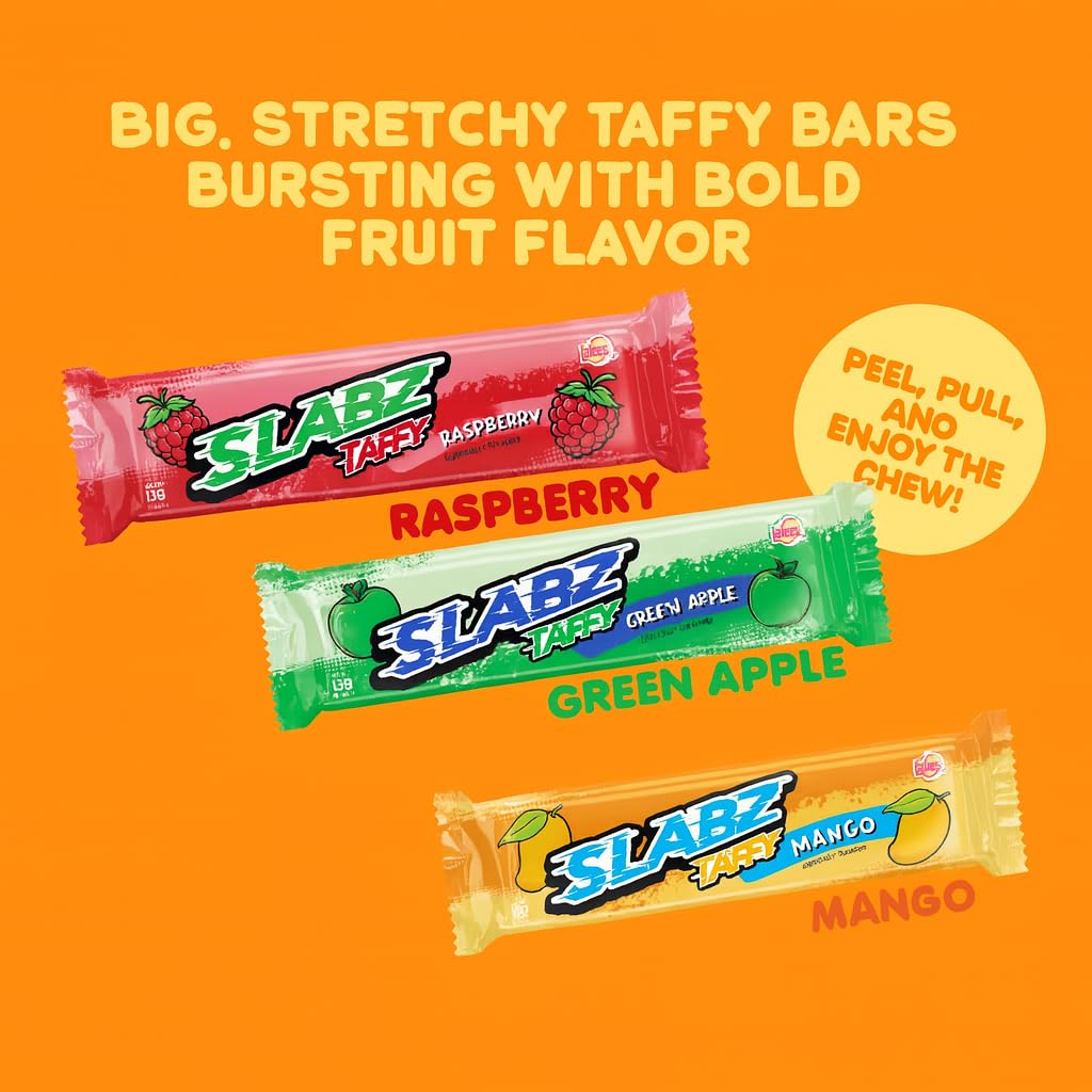 Lalees Taffy Slabz - 60 Count - Assorted Fruit Flavors - Bulk Chewy Candy Bars - Individually Wrapped Taffy Candy for Party Favors, Birthday Parties