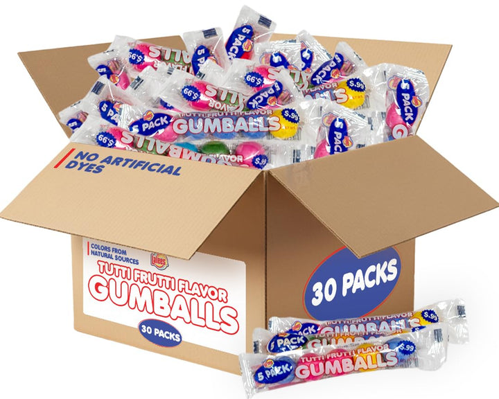 Lalees Bulk Gumballs - Pack of 30 Tubes - Rainbow Gum Balls Tubes - Tutti Frutti Flavored - Naturally Flavored - No Artificial Dyes - Bulk Chewing Candy for Sporting Events, Stocking Stuffers
