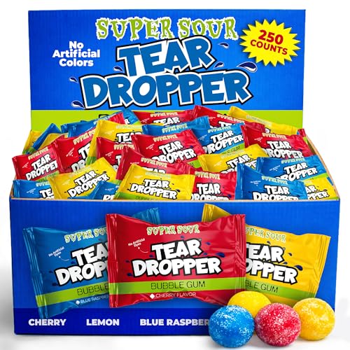 Tear Droppers Sour Gumballs  250 Count - No Artificial Dyes - Individually Wrapped  Cherry, Lemon & Blue Raspberry  Bulk Sour Candies