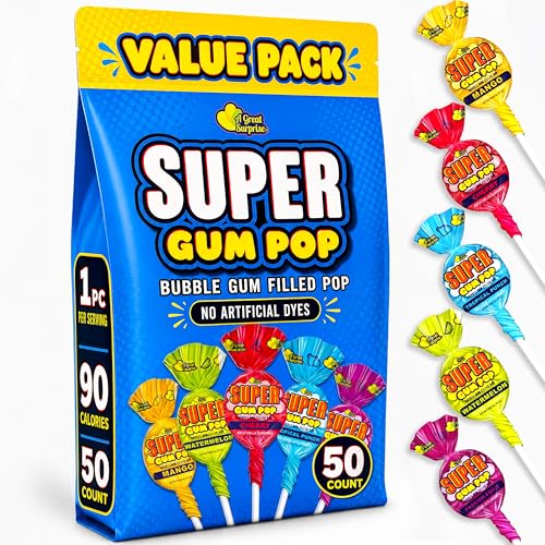 Super Gum Pops - 50 Count - No Artificial Dyes - Over 2 Pounds Lollipops With Gum - Cherry, Passionfruit, Mango, Watermelon, and Tropical Punch Flavors