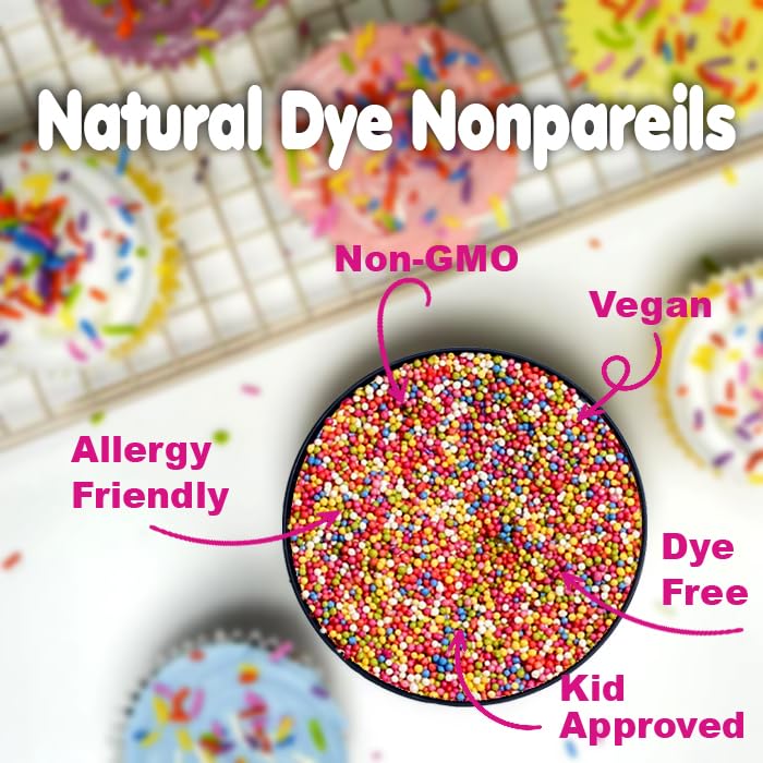 Nonpareil Sprinkles 100% DYE FREE - 1 Pound - All Natural Rainbow Nonpareils - Dyless, Vegan Ice Cream Toppings - Healthy Nonpareils for Cake Pops, Cookies, Cupcakes, Cake Decorating