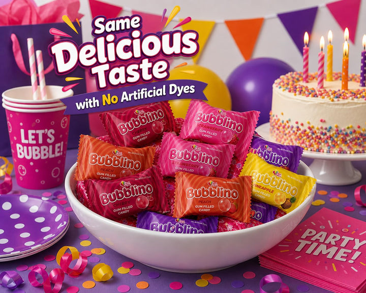 A Great Surprise Bubblino Hard Candy with Bubble Gum Filling - 3 Pounds, Approx 260 Units - No Artificial Dyes - Individually Wrapped - Cherry, Peach, Strawberry, Grape, Pineapple