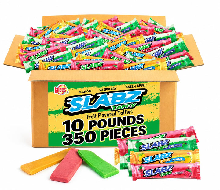 Lalees Taffy Slabz - 10 Pounds - 350 Pcs. - Assorted Fruit Flavors - Bulk Chewy Candy Bars - Individually Wrapped Taffy Candy for Party Favors, Birthday Parties