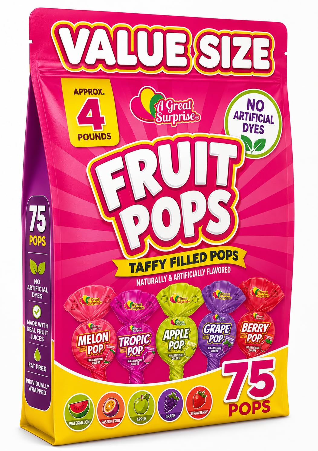 Taffy Filled Lollipops, 75 Count, No Artificial Dyes, Watermelon, Passionfruit, Green Apple, Grape, and Strawberry Flavors