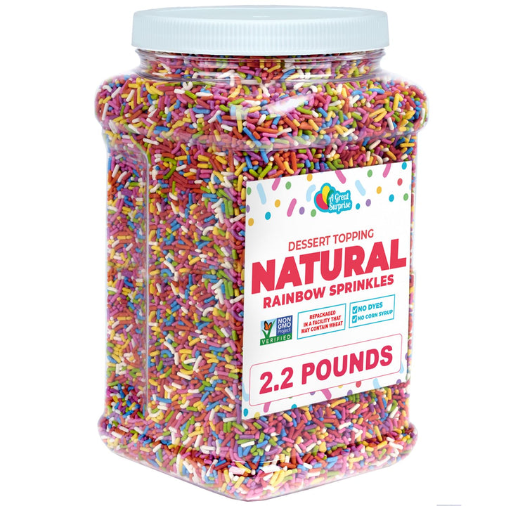 A Great Surprise Dye-Free Rainbow Sprinkles  2.2 LB - Natural Vegan Baking Toppings with No Artificial Dyes or Flavors  Non-GMO Jimmies for Cookies, Cakes, Ice Cream & Cupcakes