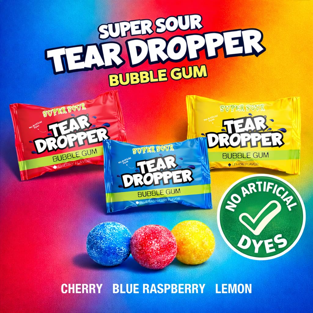 Tear Droppers Sour Gumballs  250 Count - No Artificial Dyes - Individually Wrapped  Cherry, Lemon & Blue Raspberry  Bulk Sour Candies