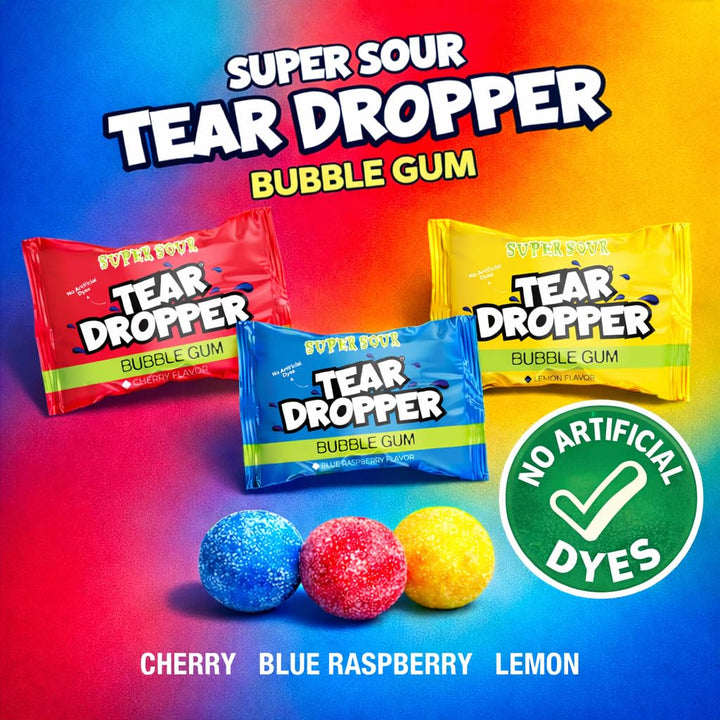 Tear Droppers Sour Gumballs  250 Count - No Artificial Dyes - Individually Wrapped  Cherry, Lemon & Blue Raspberry  Bulk Sour Candies