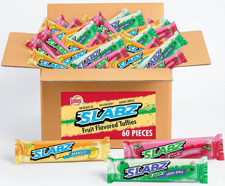 Lalees Taffy Slabz - 60 Count - Assorted Fruit Flavors - Bulk Chewy Candy Bars - Individually Wrapped Taffy Candy for Party Favors, Birthday Parties