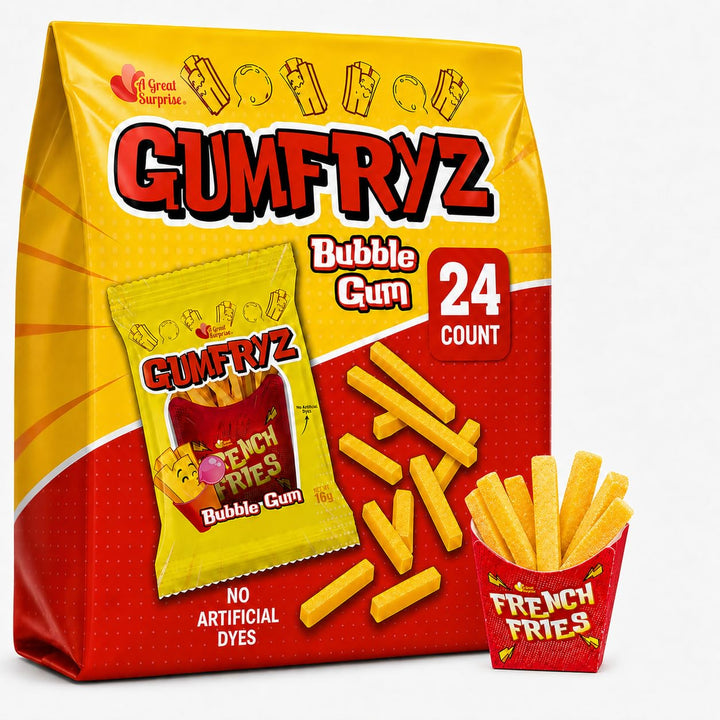 French Fries Bubble Gum  24 Count Bulk Pack  Novelty Fry-Shaped Bubble Gum  No Artificial Dyes  Fun Food Theme Party Candy, Concession Themed Candy