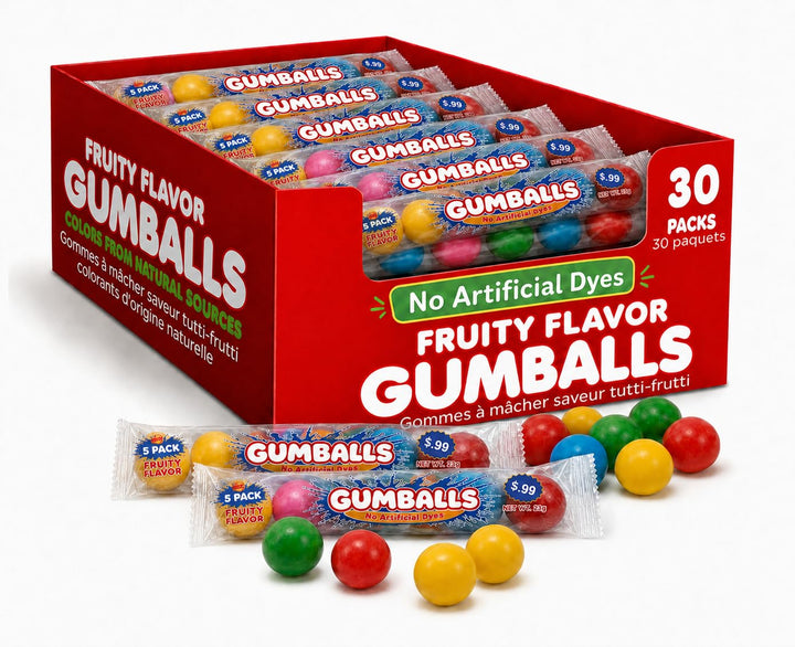 Lalees Gumball Tubes  30 Pack, Rainbow Gum with No Artificial Dyes