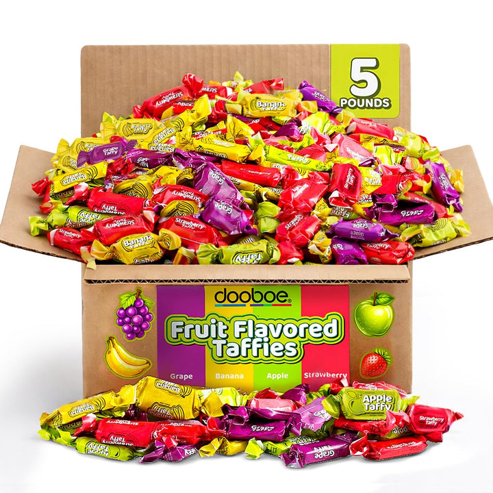 Mini Taffy Candy - 5 Pounds - Approx. 280 Pcs. - Bulk Individually Wrapped Chewy Candy - Assorted Fruity Flavors Apple, Strawberry, Grape, Banana