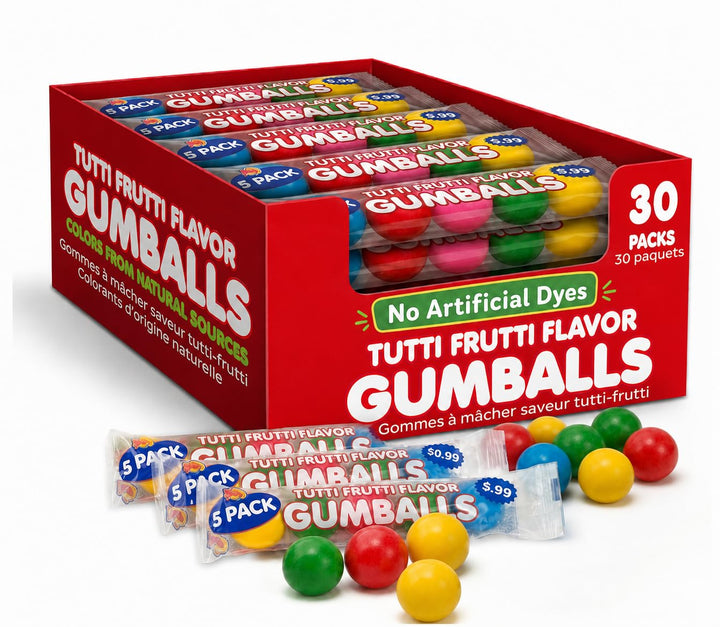 Lalees Gumball Tubes  30 Pack, Rainbow Gum with No Artificial Dyes