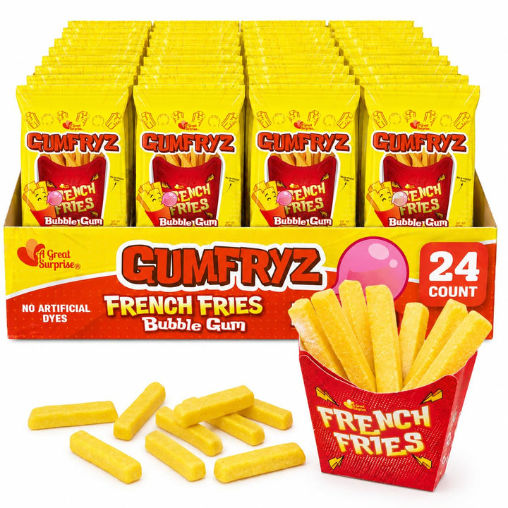 French Fries Bubble Gum  24 Count Bulk Pack  Novelty Fry-Shaped Bubble Gum Bags  No Artificial Dyes  Fun Food Theme Party Candy