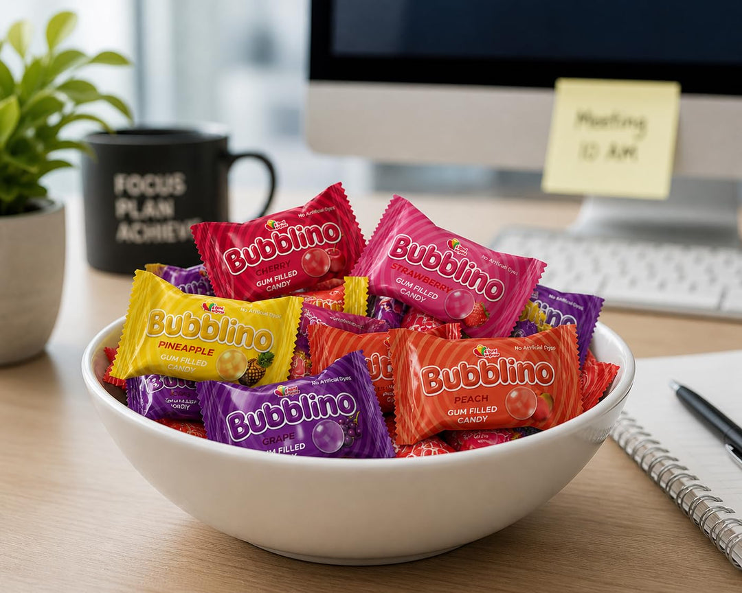 A Great Surprise Bubblino Hard Candy with Bubble Gum Filling - 3 Pounds, Approx 260 Units - No Artificial Dyes - Individually Wrapped - Cherry, Peach, Strawberry, Grape, Pineapple