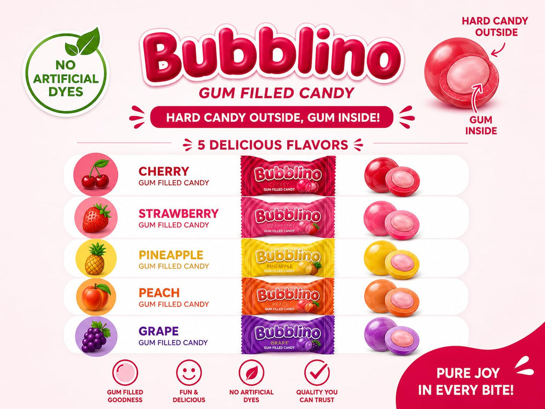 A Great Surprise Bubblino Hard Candy with Bubble Gum Filling - 3 Pounds, Approx 260 Units - No Artificial Dyes - Individually Wrapped - Cherry, Peach, Strawberry, Grape, Pineapple