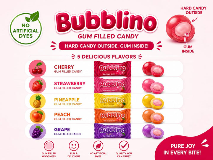 A Great Surprise Bubblino Hard Candy with Bubble Gum Filling - 3 Pounds, Approx 260 Units - No Artificial Dyes - Individually Wrapped - Cherry, Peach, Strawberry, Grape, Pineapple