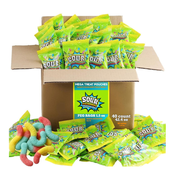 Dooboe Full Size Sour Gummy Worms Bulk Pack - 40 Packs (30 Gram Peg Bags) - Easter Egg Stuffer - Sour Squirmers Individually Wrapped for Kids and Adults, Parties, School, Pinata