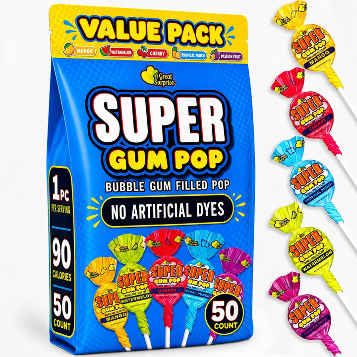 Super Gum Pops - 50 Count - No Artificial Dyes - Over 2 Pounds Lollipops With Gum - Cherry, Passionfruit, Mango, Watermelon, and Tropical Punch Flavors