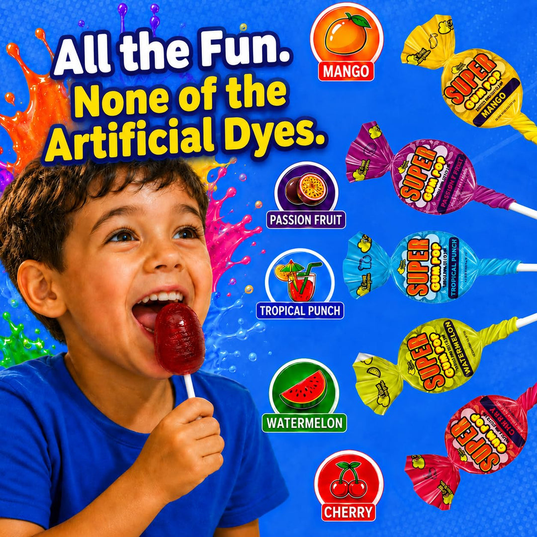Super Gum Pops - 50 Count - No Artificial Dyes - Over 2 Pounds Lollipops With Gum - Cherry, Passionfruit, Mango, Watermelon, and Tropical Punch Flavors