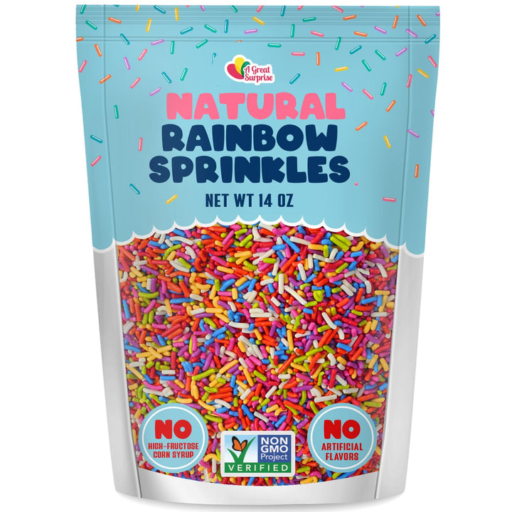 Bulk A Great Surprise Dye Free Rainbow Sprinkles - 14 Ounces - Naturally Colored Rainbow Jimmies - Vegan, Non-GMO Dessert Toppings for Ice Cream, Cookies, Cupcakes, Cake Decorating