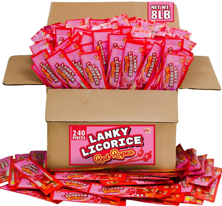 Lalees Bulk Red Licorice Candy - Approx. 240 Packs - 8 Pound Box of Candy - Strawberry Licorice Ropes - Individually Wrapped Red Candy - Lanky Licorice Ropes