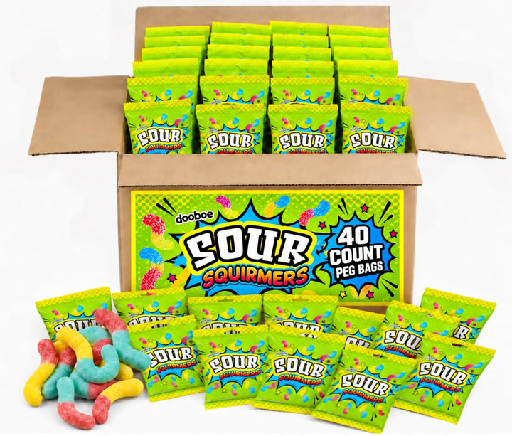 Sour Gummy Worms Individually Wrapped - Peg Bags 40 Count