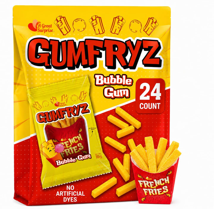 French Fries Bubble Gum  24 Count Bulk Pack  Novelty Fry-Shaped Bubble Gum  No Artificial Dyes  Fun Food Theme Party Candy, Concession Themed Candy