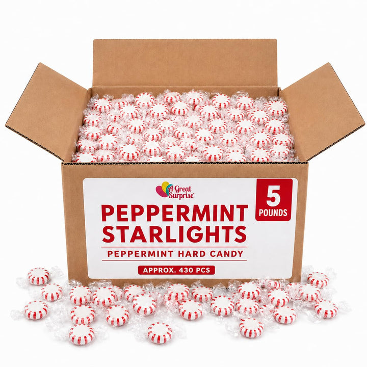 Starlight Peppermint Candy - 5 lb Bulk Bag - Red & White Peppermint Hard Candy - Individually Wrapped Mints for Office Candy Bowls