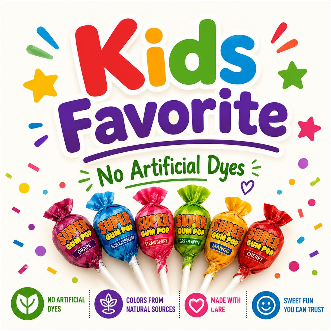 Super Gum Pops - 50 Count - No Artificial Dyes - Over 2 Pounds Lollipops With Gum - Cherry, Passionfruit, Mango, Watermelon, and Tropical Punch Flavors