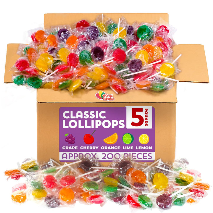 A Great Surprise Classic Lollipops Bulk - 5 Pounds - Christmas Lollipops Individually Wrapped - Stocking Stuffers Fruit Flavored Suckers for Kids - Church, School, Birthday (Fruit)
