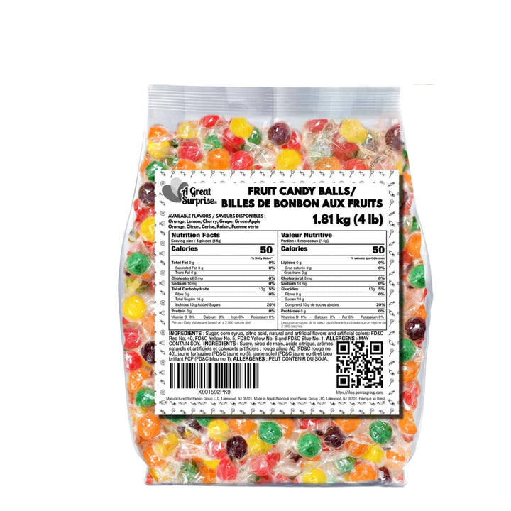 Hard Candy Fruit Balls - 4 Pounds - Fruity Sour Balls - Classic Hard Candies for Office, Desk, Calssroom - Colorful Variety Candy Suckers - Assorted Flavors Orange, Lemon, Grape, Green Apple, Cherry