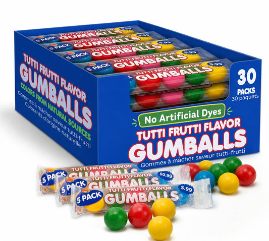 Lalees Bulk Gumballs - No Artificial Dyes - Pack of 30 Tubes - Rainbow Gum Balls Tubes - Tutti Frutti Flavored - Bulk Chewing Candy for Sporting Events