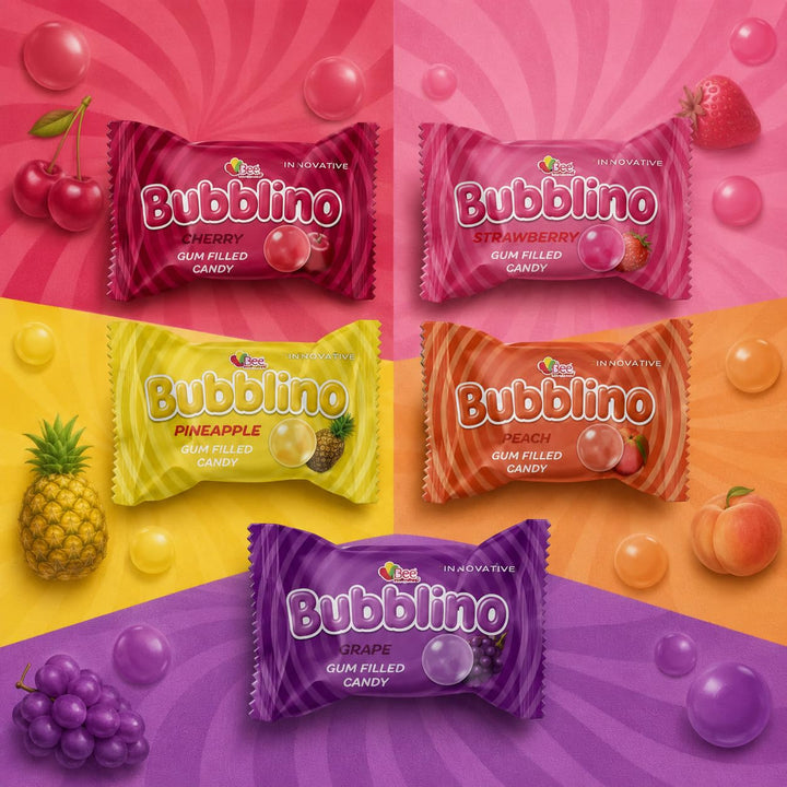 A Great Surprise Bubblino Hard Candy with Bubble Gum Filling - 3 Pounds, Approx 260 Units - No Artificial Dyes - Individually Wrapped - Cherry, Peach, Strawberry, Grape, Pineapple