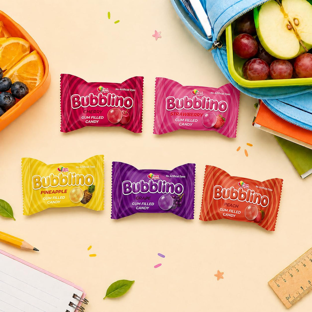 A Great Surprise Bubblino Hard Candy with Bubble Gum Filling - 3 Pounds, Approx 260 Units - No Artificial Dyes - Individually Wrapped - Cherry, Peach, Strawberry, Grape, Pineapple