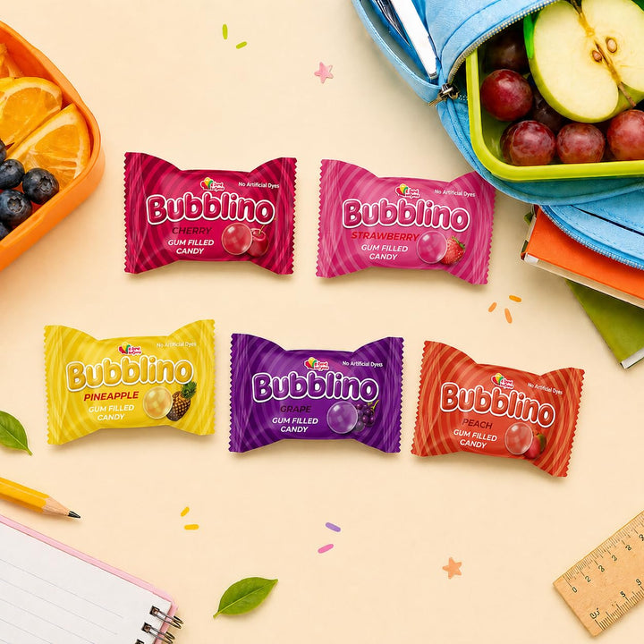 A Great Surprise Bubblino Hard Candy with Bubble Gum Filling - 3 Pounds, Approx 260 Units - No Artificial Dyes - Individually Wrapped - Cherry, Peach, Strawberry, Grape, Pineapple