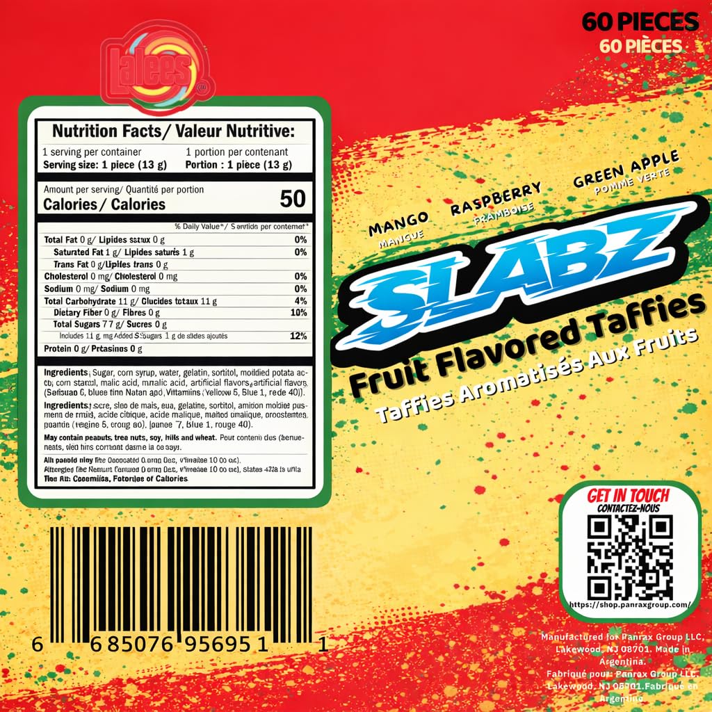 Lalees Taffy Slabz - Assorted Fruit Flavors - Bulk Chewy Candy Bars - Individually Wrapped Taffy Candy for Party Favors, Birthday Parties (60 Count)