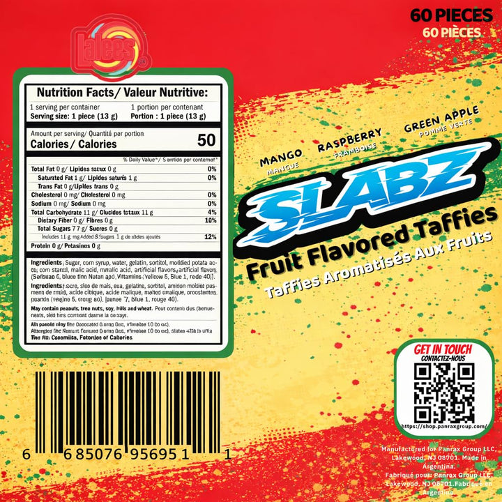 Lalees Taffy Slabz - Assorted Fruit Flavors - Bulk Chewy Candy Bars - Individually Wrapped Taffy Candy for Party Favors, Birthday Parties (60 Count)