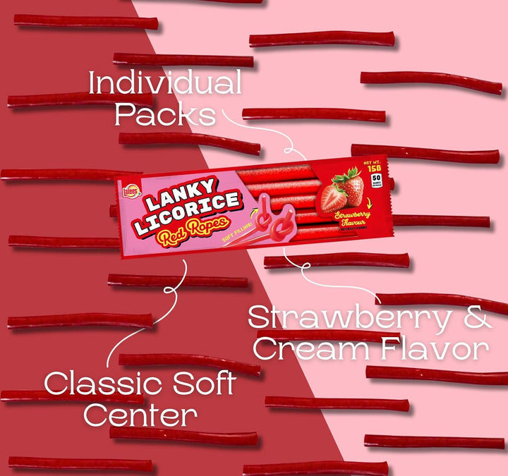 Lalees Bulk Red Licorice Candy - Approx. 240 Packs - 8 Pound Box of Candy - Strawberry Licorice Ropes - Individually Wrapped Red Candy - Lanky Licorice Ropes